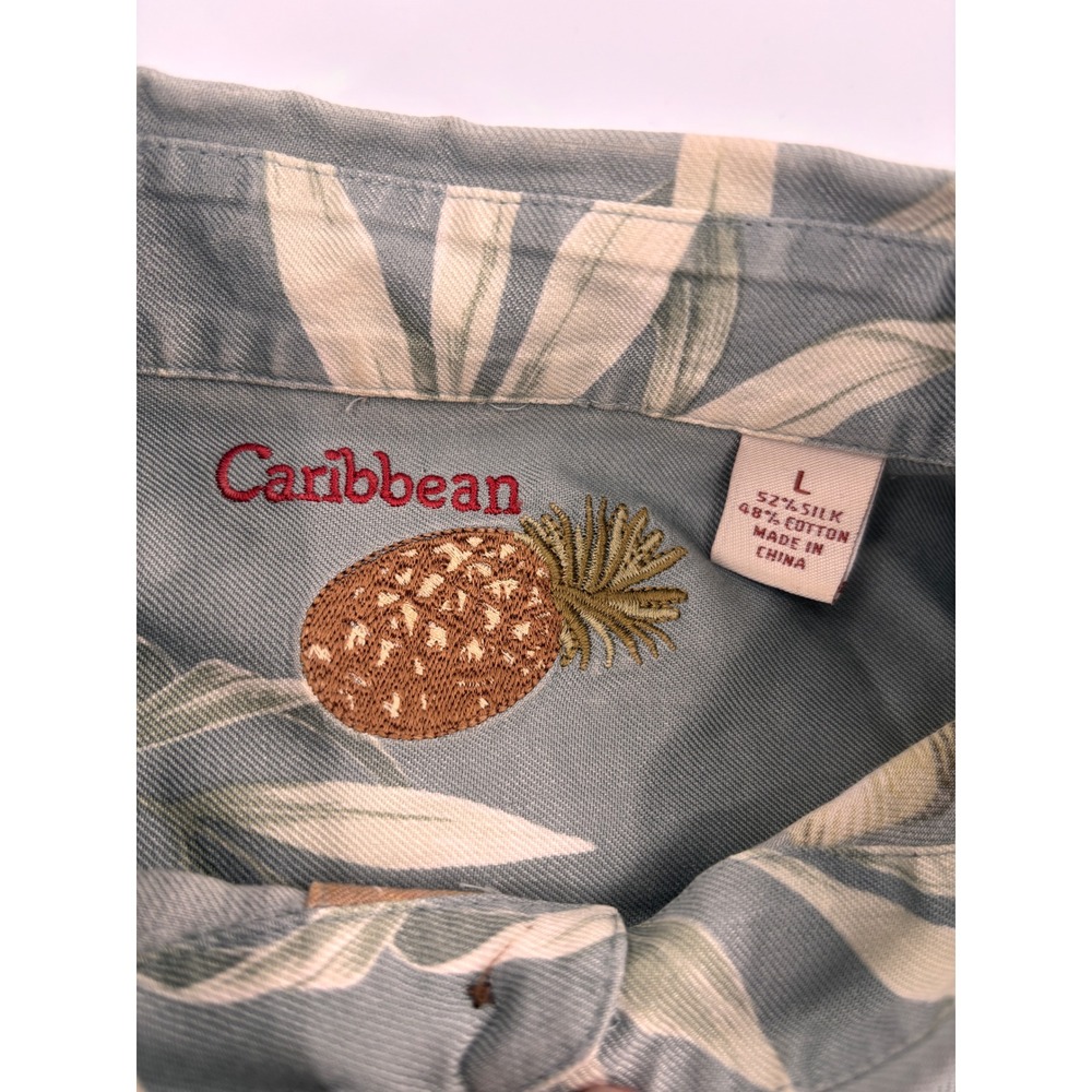 Caribbean Mens Silk Cotton Tropical Floral Print Shirt Sage Green L - Picture 4 of 9